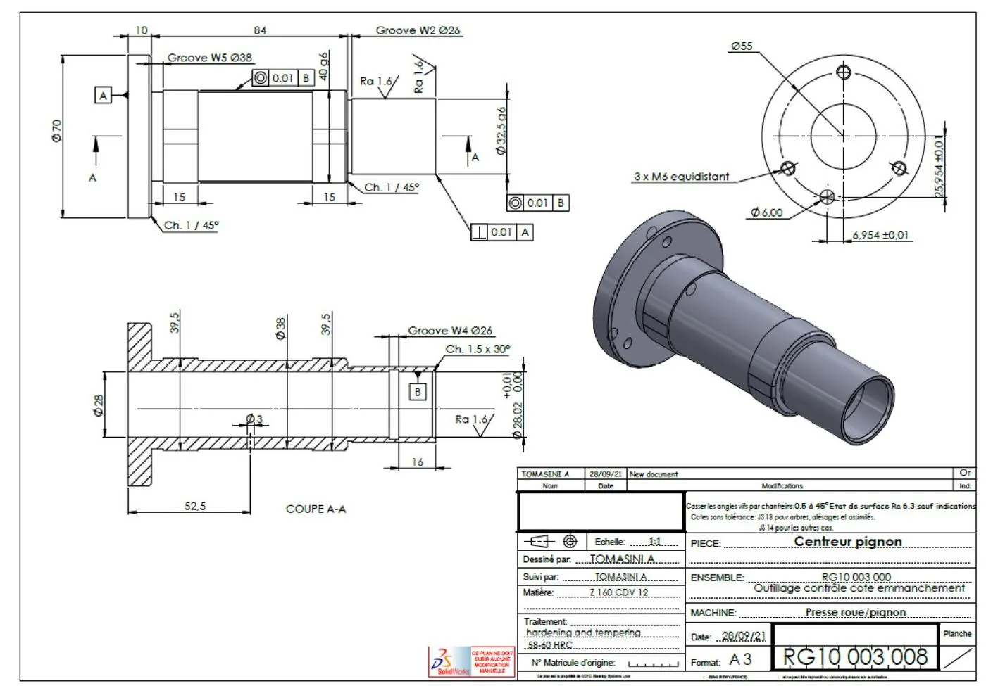 Plan coté centreur pignon, outillage de presse