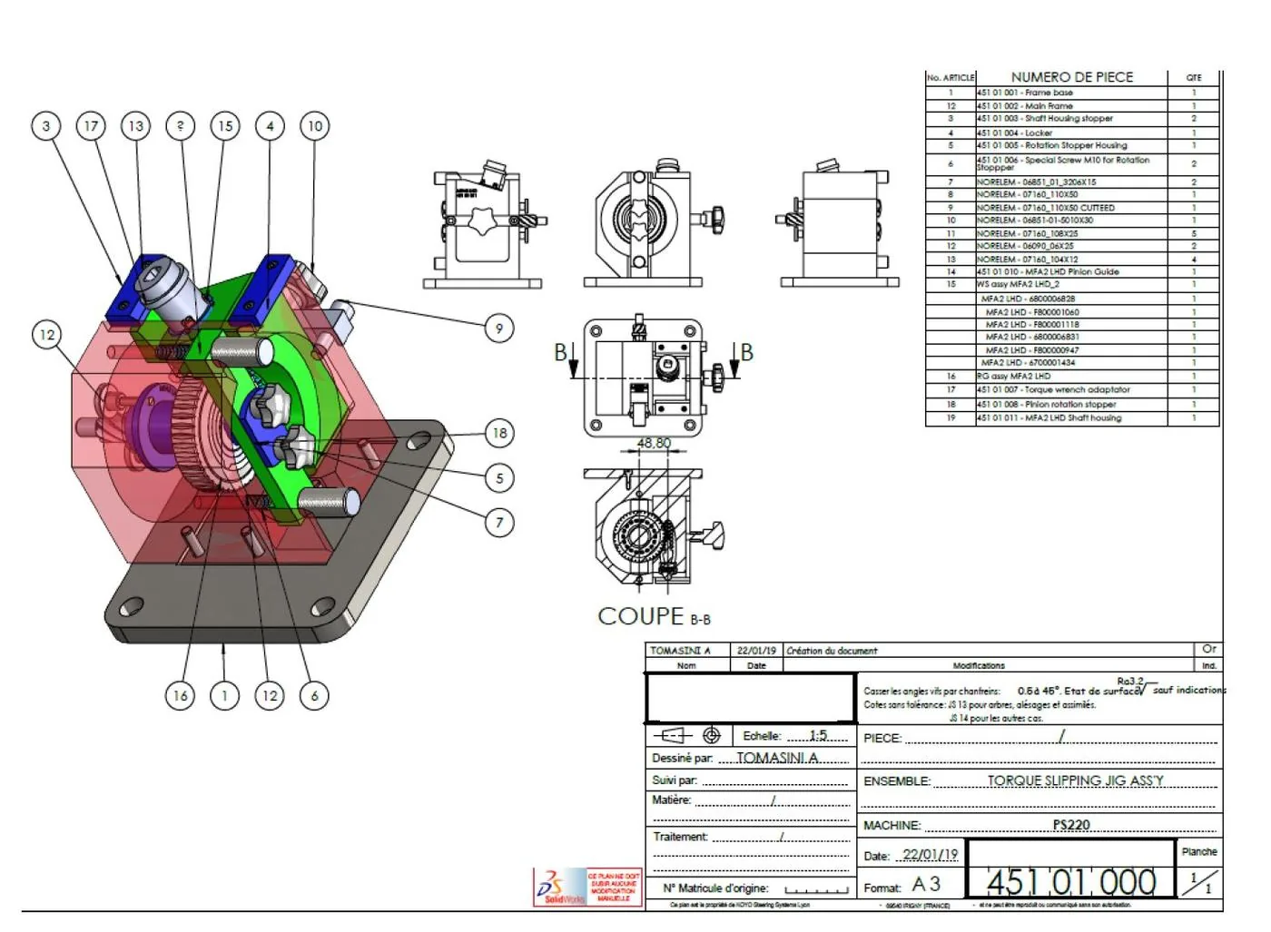 Plan d'ensemble Torque Slipping Jig avec nomenclature